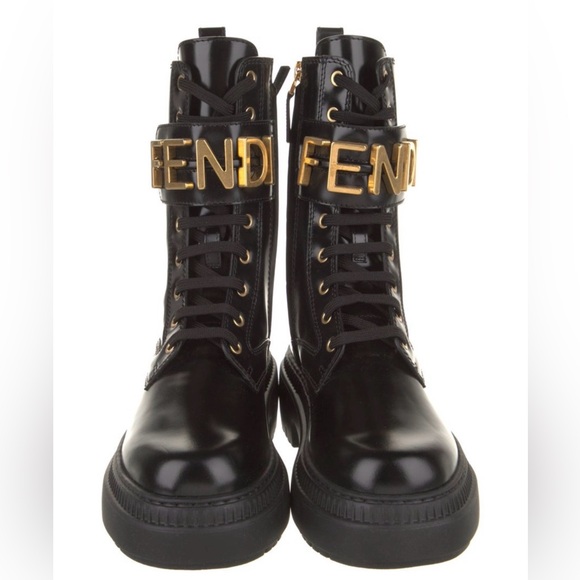 Fendi Shoes - Fendi Black Leather Lace-Up Combat Boots with Gold Logo Buckle